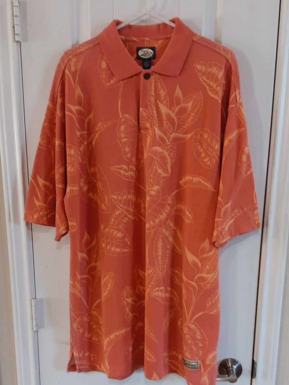 VTG Tommy Bahama Orange Floral Monstera Polo Shirt Size L 100% Cotton Macau